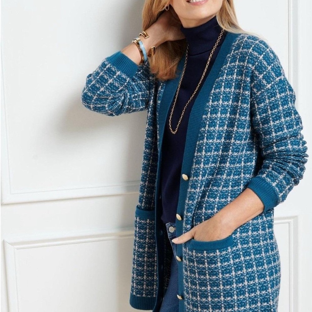 Talbots Blue Plaid Cardigan Sweater